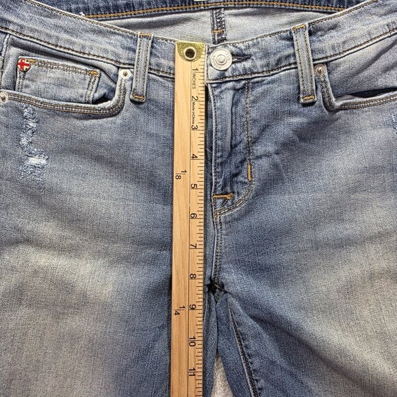 Hudson Tally Jeans Women's 27 Mid Rise Skinny Crop Leg Blue Fade Stretch Distres - Picture 10 of 11